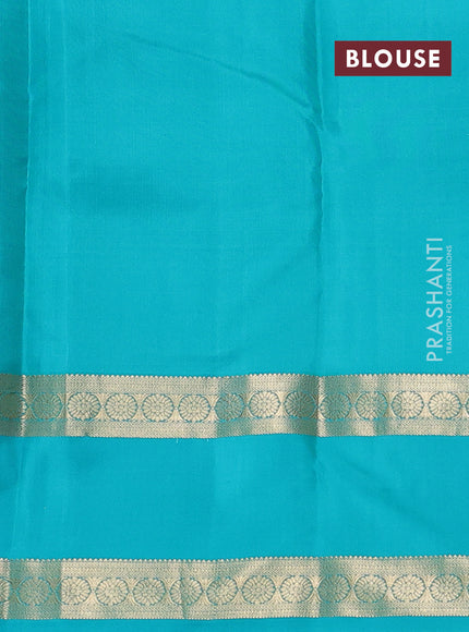 Pure kanchipuram silk saree yellow and teal green with allover zari checks& buttas and rettapet zari woven border