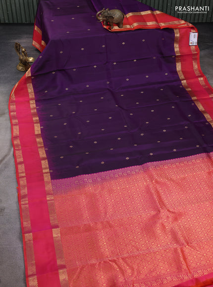 Pure kanchipuram silk saree purple and orange with zari woven buttas and rettapet zari woven border