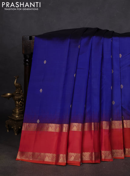 Pure kanchipuram silk saree blue and orange with zari woven buttas and rettapet zari woven border