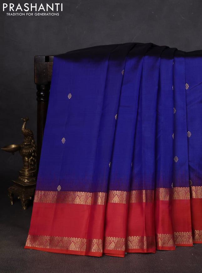 Pure kanchipuram silk saree blue and orange with zari woven buttas and rettapet zari woven border