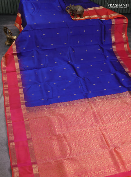 Pure kanchipuram silk saree blue and orange with zari woven buttas and rettapet zari woven border