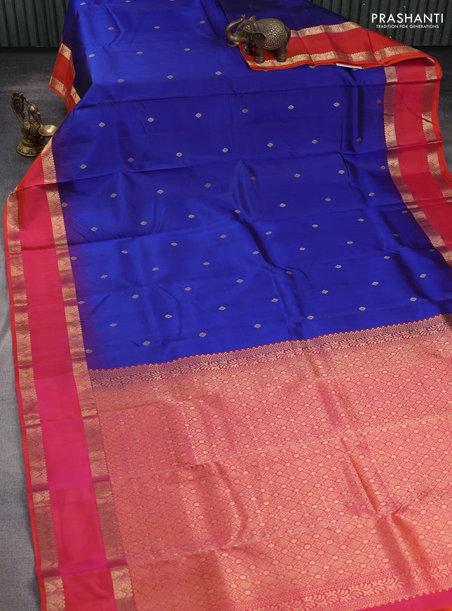 Pure kanchipuram silk saree blue and orange with zari woven buttas and rettapet zari woven border