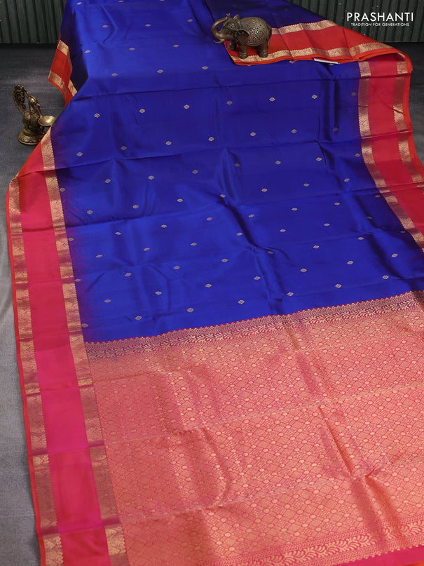 Pure kanchipuram silk saree blue and orange with zari woven buttas and rettapet zari woven border