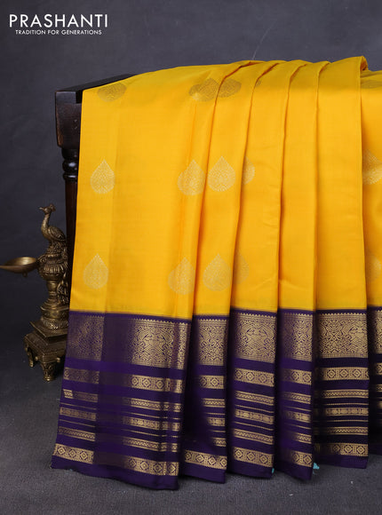 Pure kanchipuram silk saree yellow and violet with zari woven buttas and long zari woven border