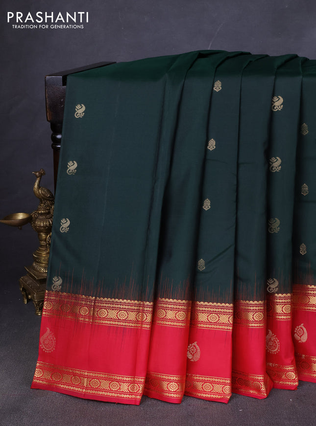 Pure kanchipuram silk saree bottle green and pink with zari woven buttas and rettapet zari woven butta border