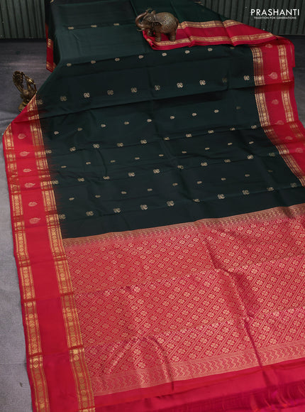 Pure kanchipuram silk saree bottle green and pink with zari woven buttas and rettapet zari woven butta border