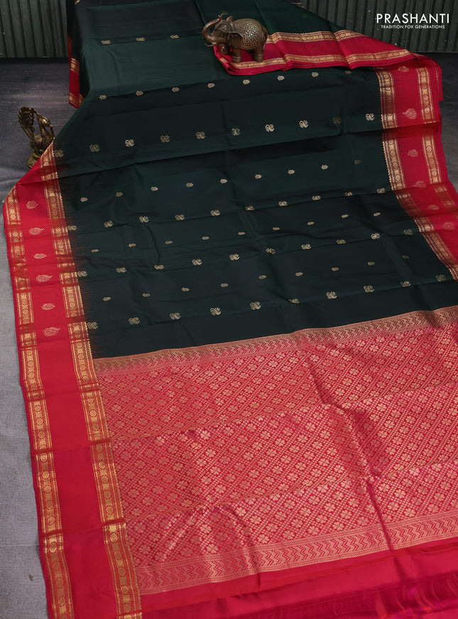 Pure kanchipuram silk saree bottle green and pink with zari woven buttas and rettapet zari woven butta border
