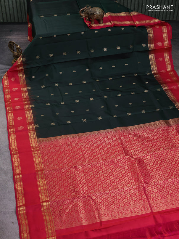 Pure kanchipuram silk saree bottle green and pink with zari woven buttas and rettapet zari woven butta border