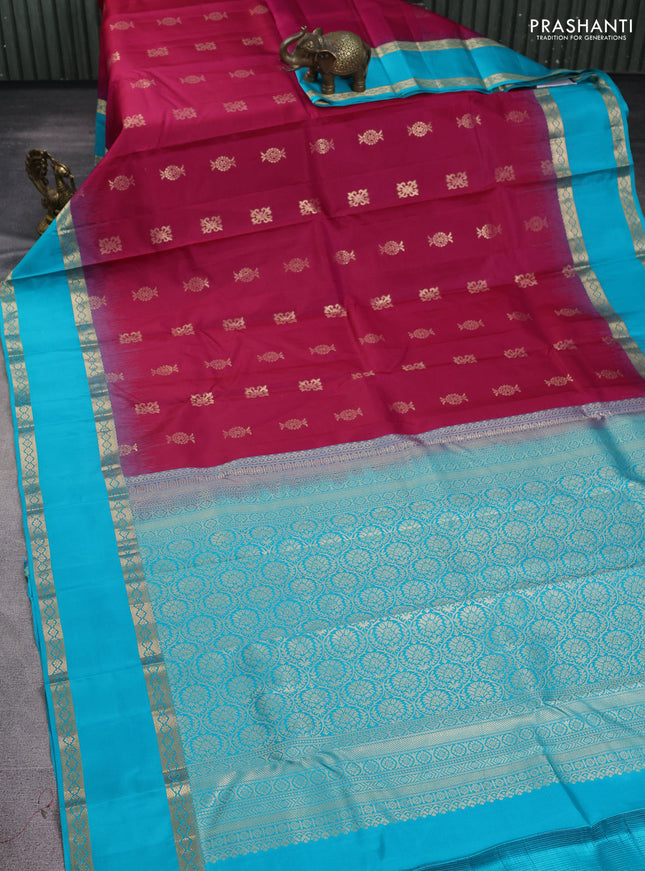 Pure kanchipuram silk saree pink and teal blue with zari woven buttas and rettapet zari woven border