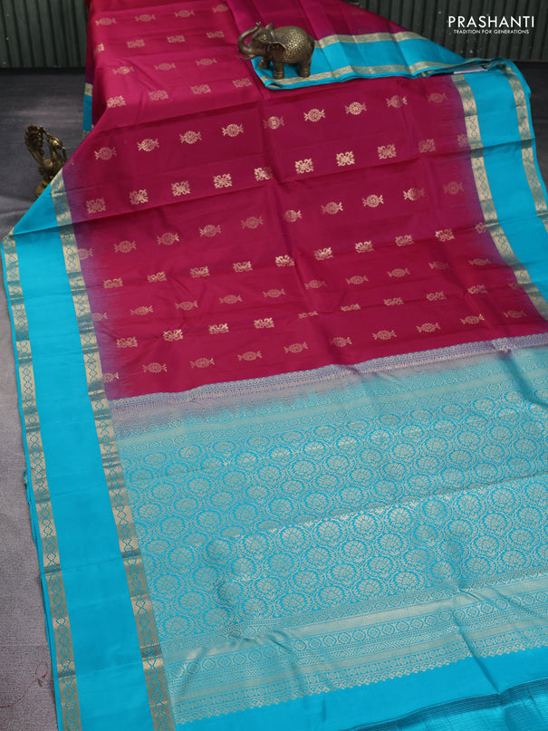 Pure kanchipuram silk saree pink and teal blue with zari woven buttas and rettapet zari woven border