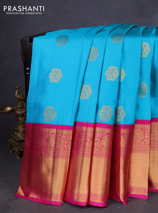 Pure kanchipuram silk saree teal blue and pink with zari woven buttas and long zari woven korvai border