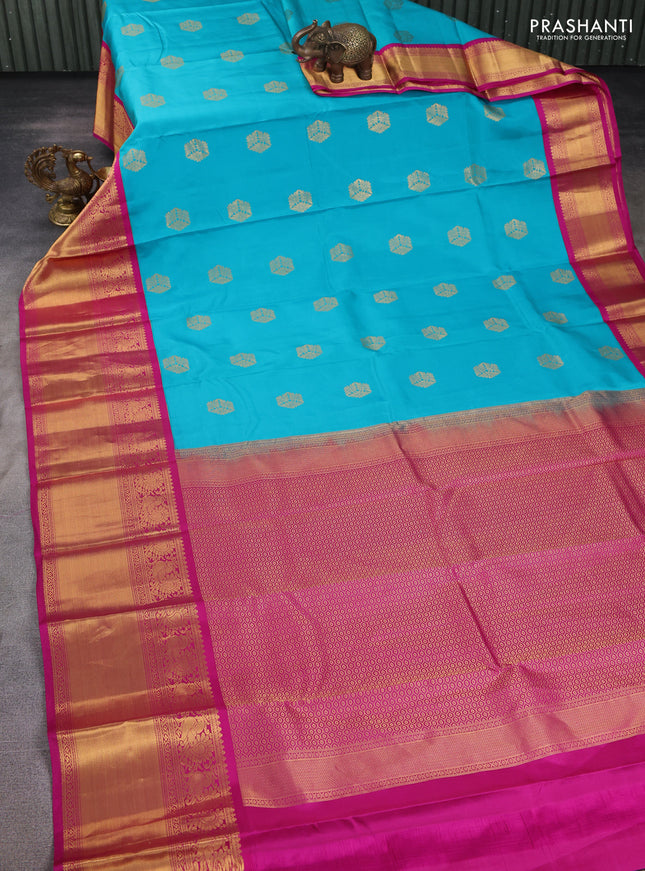 Pure kanchipuram silk saree teal blue and pink with zari woven buttas and long zari woven korvai border