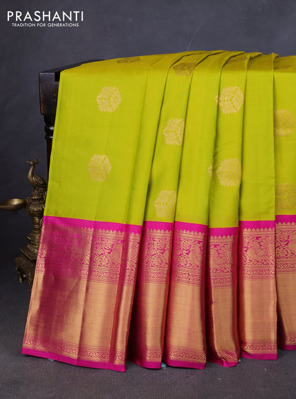 Pure kanchipuram silk saree lime green and pink with zari woven buttas and long zari woven korvai border