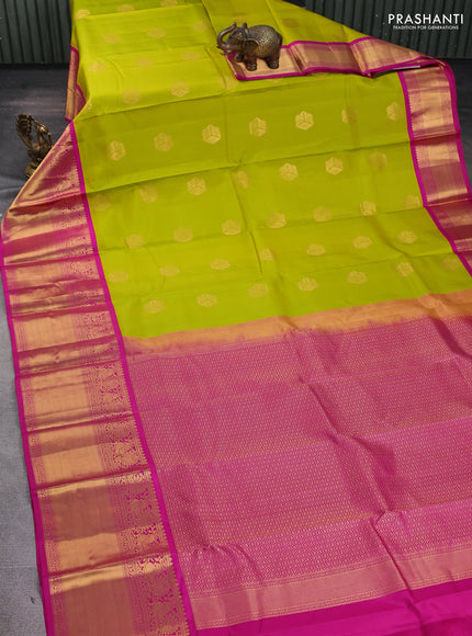 Pure kanchipuram silk saree lime green and pink with zari woven buttas and long zari woven korvai border