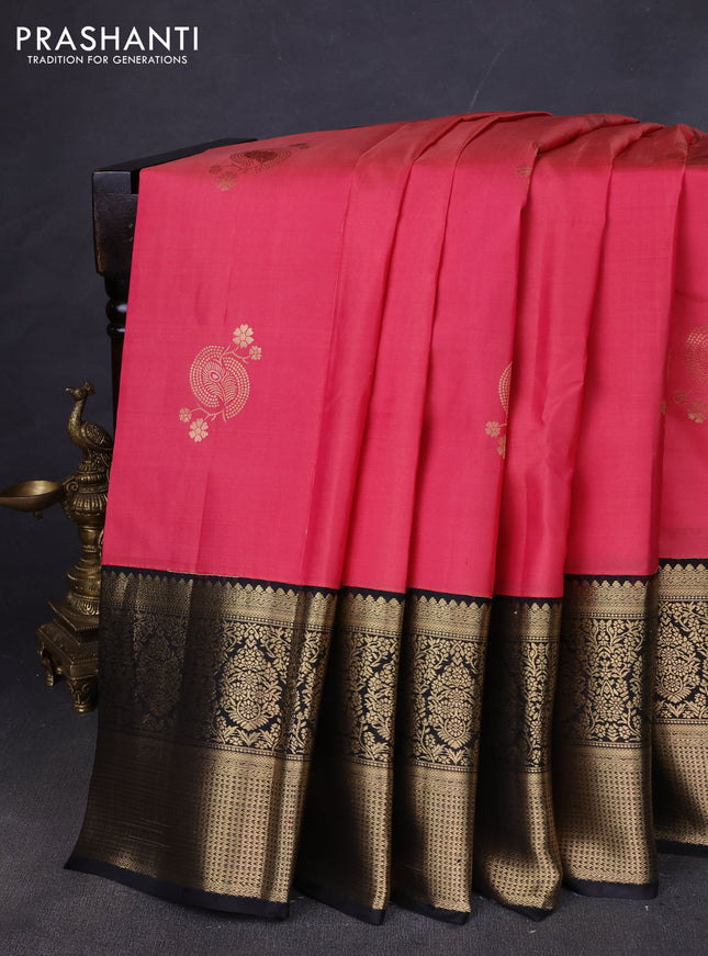 Pure kanchipuram silk saree peach pink and black with zari woven buttas and long zari woven korvai border