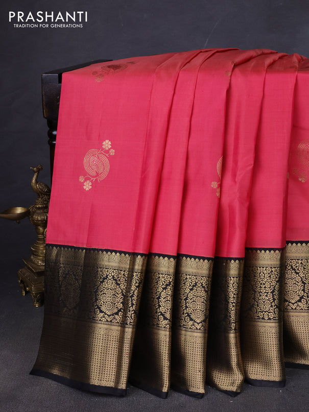 Pure kanchipuram silk saree peach pink and black with zari woven buttas and long zari woven korvai border