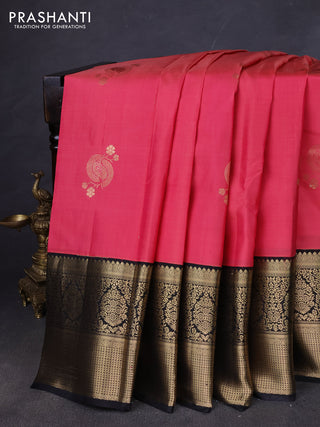 Pure kanchipuram silk saree peach pink and black with zari woven buttas and long zari woven korvai border