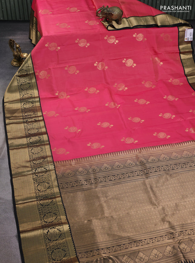 Pure kanchipuram silk saree peach pink and black with zari woven buttas and long zari woven korvai border