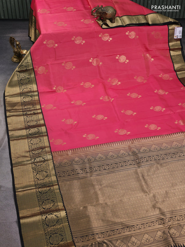 Pure kanchipuram silk saree peach pink and black with zari woven buttas and long zari woven korvai border