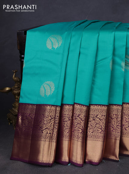 Pure kanchipuram silk saree teal green and wine shade with zari woven buttas and long zari woven korvai border