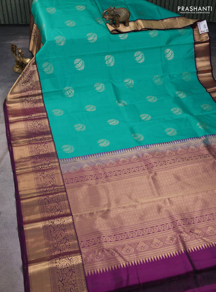 Pure kanchipuram silk saree teal green and wine shade with zari woven buttas and long zari woven korvai border
