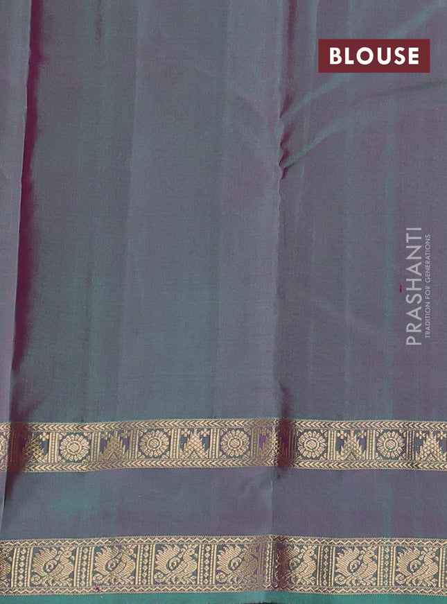Pure kanchipuram silk saree dual shade of reddish pink and teal green with zari woven buttas and rettapet zari woven border