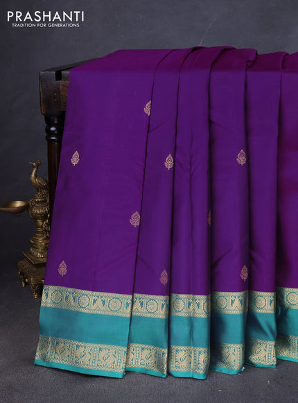 Pure kanchipuram silk saree purple and teal green with zari woven buttas and rettapet zari woven border