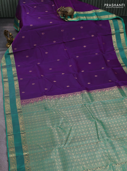 Pure kanchipuram silk saree purple and teal green with zari woven buttas and rettapet zari woven border