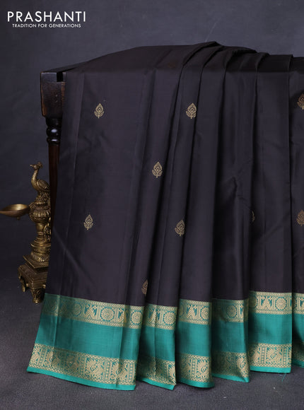 Pure kanchipuram silk saree coffee brown and teal green with zari woven buttas and rettapet zari woven border