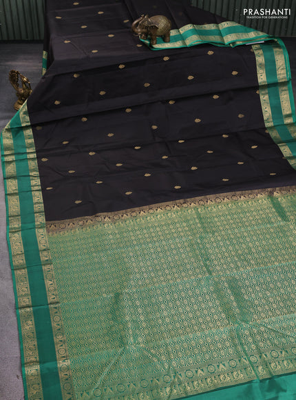 Pure kanchipuram silk saree coffee brown and teal green with zari woven buttas and rettapet zari woven border