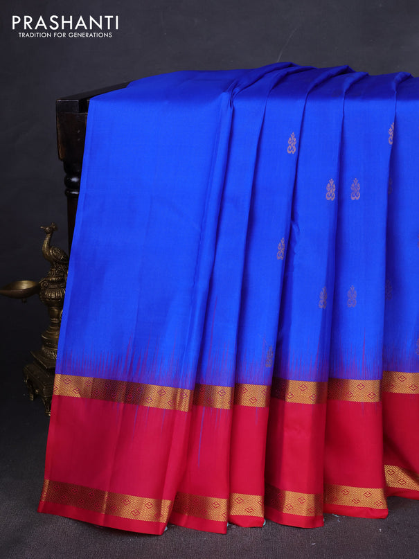 Pure kanchipuram silk saree blue and red with zari woven buttas and rettapet zari woven border