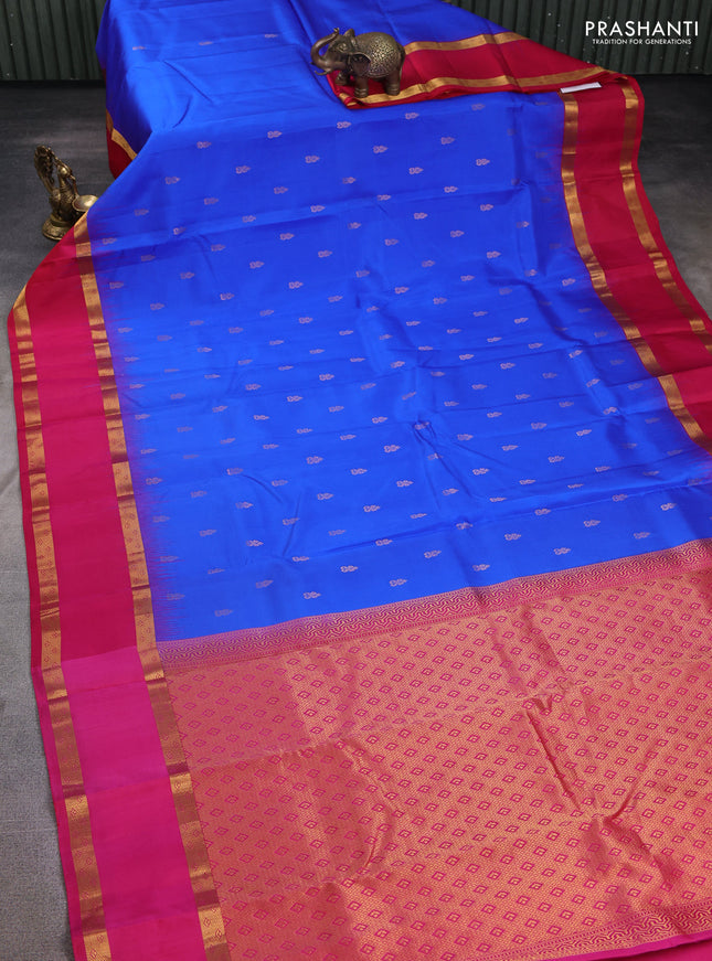Pure kanchipuram silk saree blue and red with zari woven buttas and rettapet zari woven border