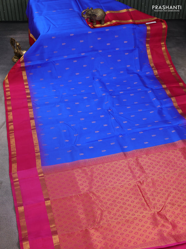 Pure kanchipuram silk saree blue and red with zari woven buttas and rettapet zari woven border