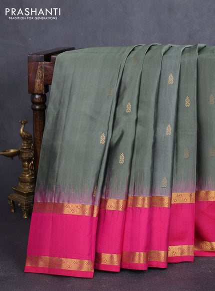 Pure kanchipuram silk saree olive green and pink with zari woven buttas and rettapet zari woven border