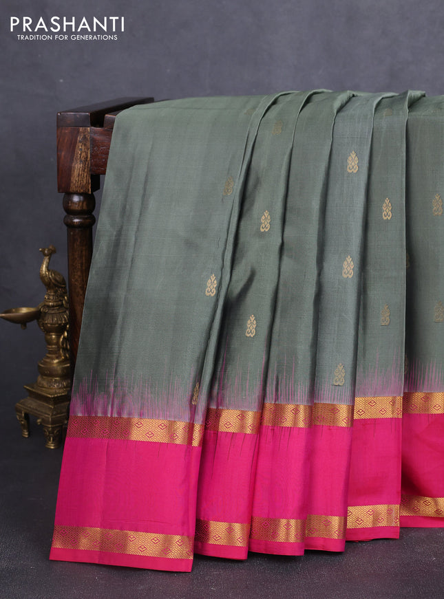 Pure kanchipuram silk saree olive green and pink with zari woven buttas and rettapet zari woven border