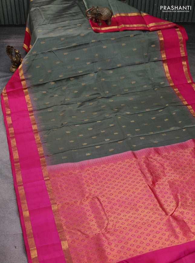 Pure kanchipuram silk saree olive green and pink with zari woven buttas and rettapet zari woven border