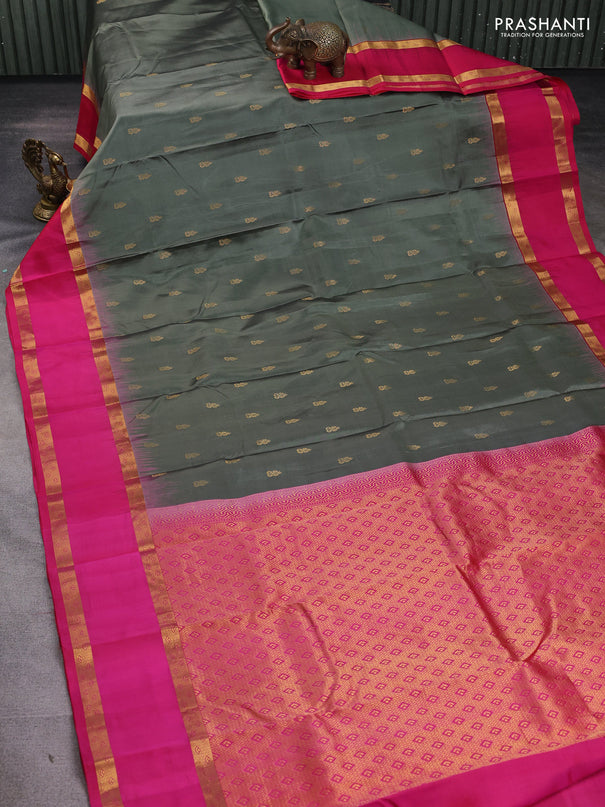 Pure kanchipuram silk saree olive green and pink with zari woven buttas and rettapet zari woven border