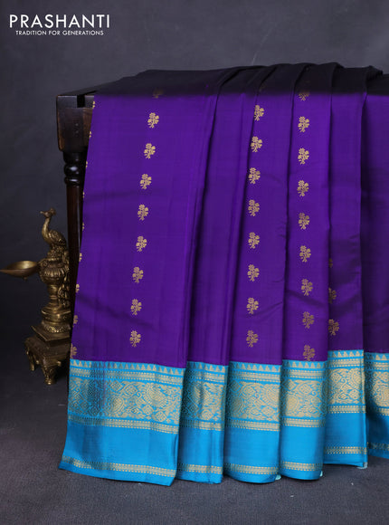 Pure kanchipuram silk saree violet and teal blue with zari woven buttas and rettapet zari woven border