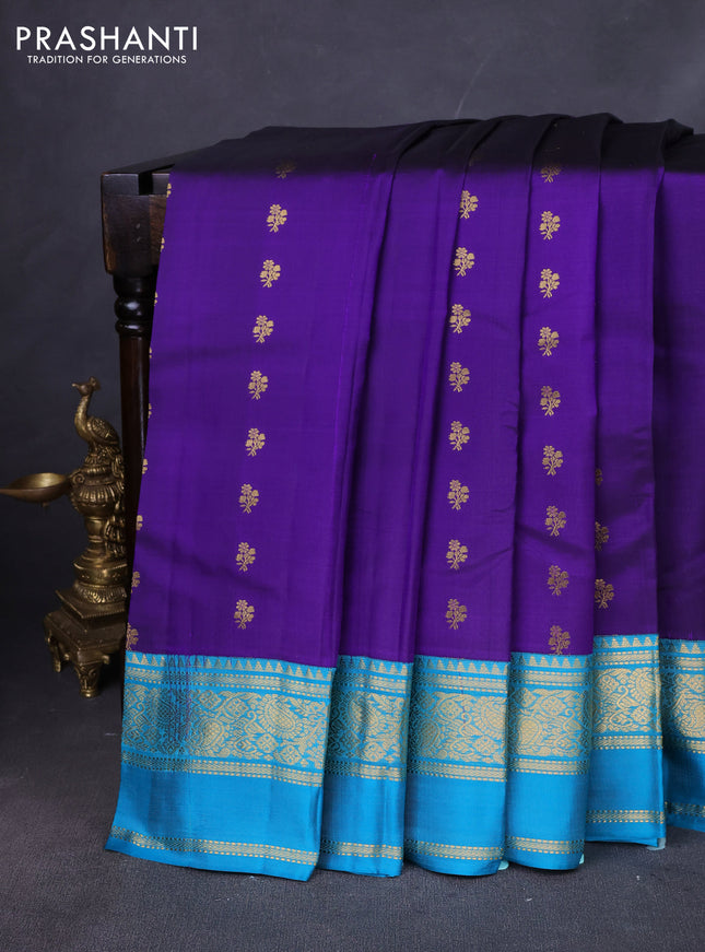 Pure kanchipuram silk saree violet and teal blue with zari woven buttas and rettapet zari woven border