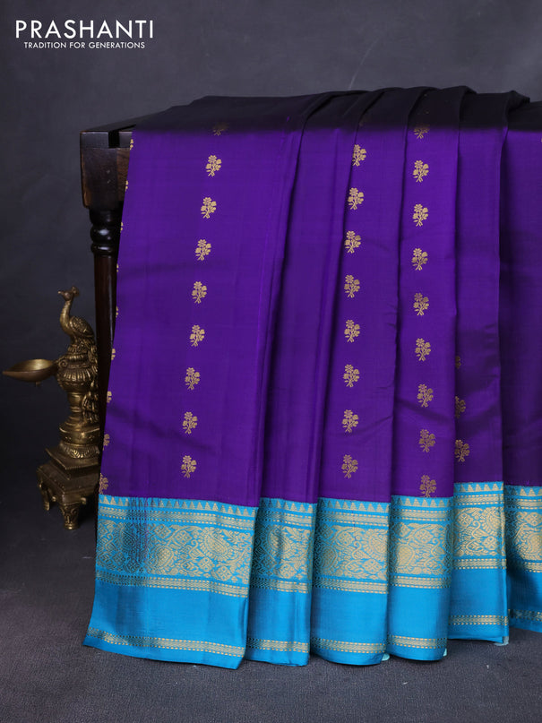 Pure kanchipuram silk saree violet and teal blue with zari woven buttas and rettapet zari woven border