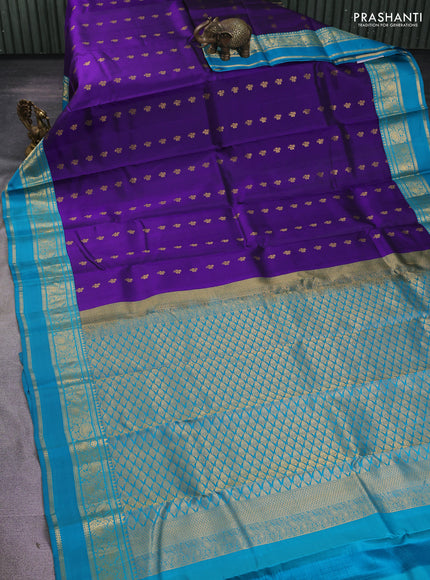 Pure kanchipuram silk saree violet and teal blue with zari woven buttas and rettapet zari woven border
