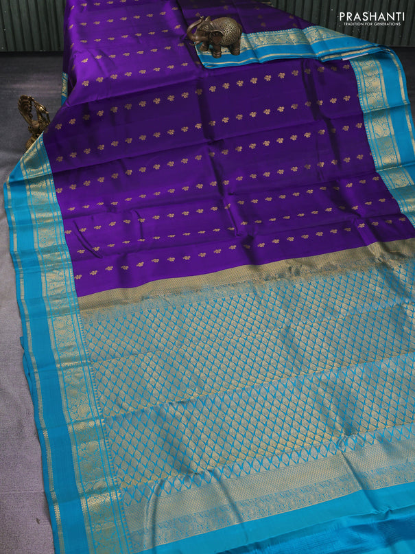 Pure kanchipuram silk saree violet and teal blue with zari woven buttas and rettapet zari woven border