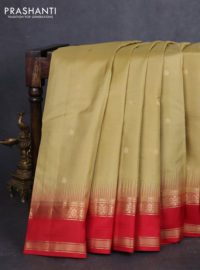 Pure kanchipuram silk saree sandal and red with zari woven buttas and rettapet zari woven border