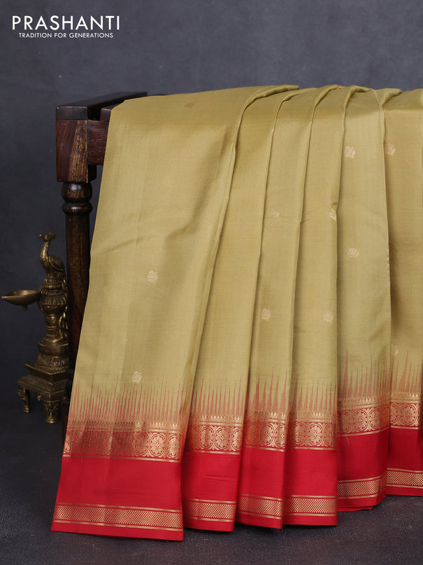 Pure kanchipuram silk saree sandal and red with zari woven buttas and rettapet zari woven border