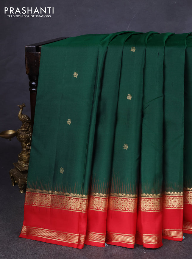 Pure kanchipuram silk saree green and red with zari woven buttas and rettapet zari woven border