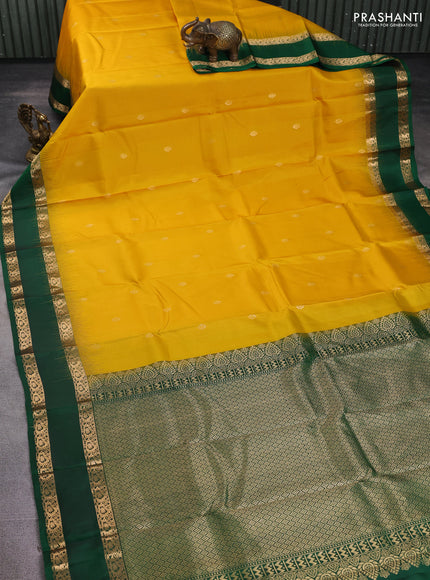Pure kanchipuram silk saree yellow and green with zari woven buttas and rettapet zari woven korvai border