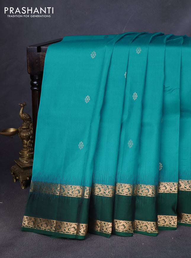 Pure kanchipuram silk saree teal blue and green with zari woven buttas and rettapet zari woven korvai border