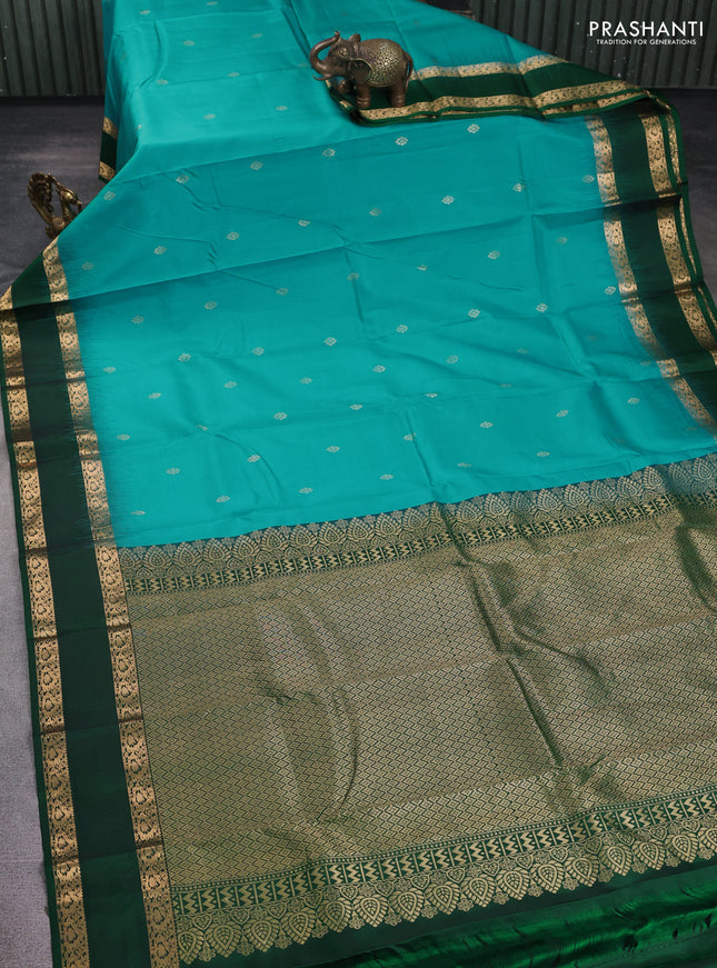Pure kanchipuram silk saree teal blue and green with zari woven buttas and rettapet zari woven korvai border