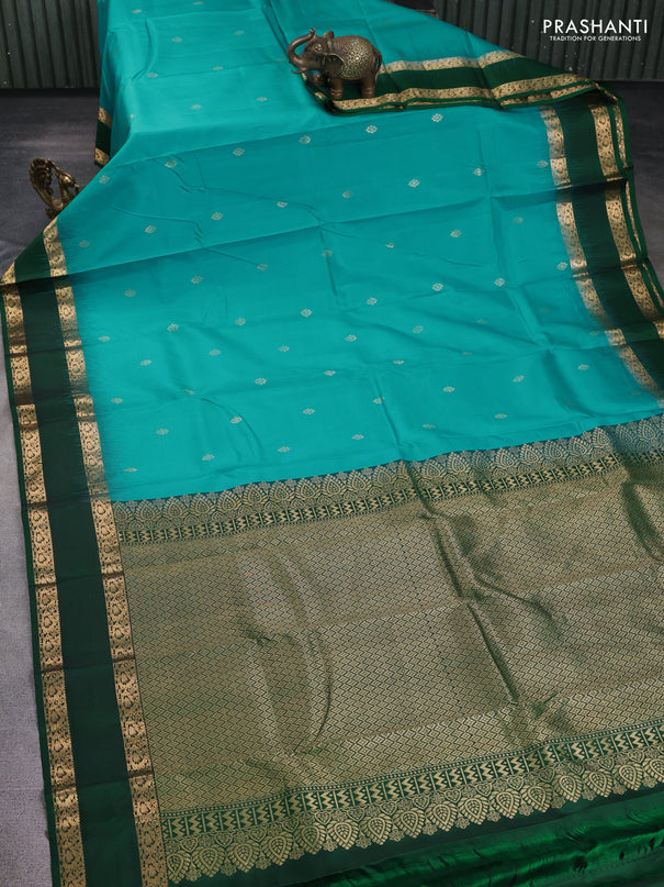 Pure kanchipuram silk saree teal blue and green with zari woven buttas and rettapet zari woven korvai border