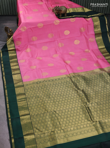 Pure kanchipuram silk saree peach pink and bottle green with zari woven buttas and rettapet zari woven korvai border